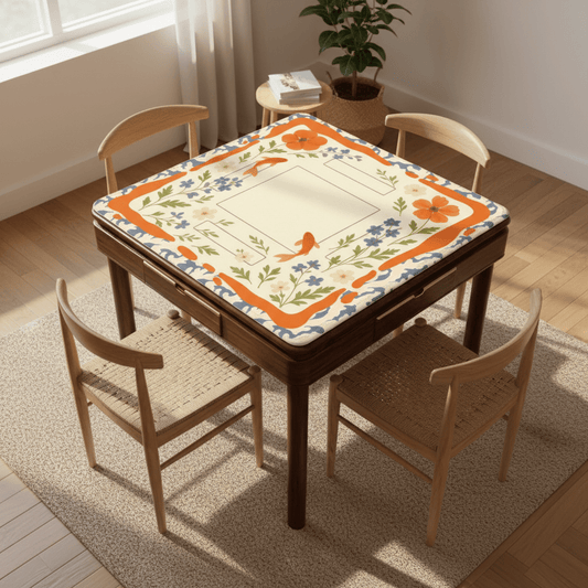 Floating Garden, Orange, Periwinkle Blue Floral Fish Mahjong Mat - Splash of Color Co.