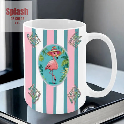 Mahjong Mug Gift Tropical Flamingo Pink Teal Preppy Striped Mahj Mug Gift Drinkware