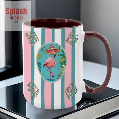 Mahjong Mug Gift Tropical Flamingo Pink Teal Preppy Striped Mahj Mug Gift Drinkware