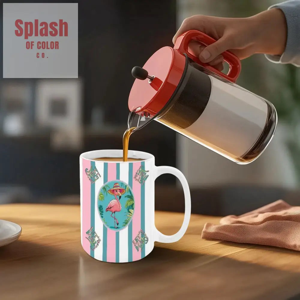 Mahjong Mug Gift Tropical Flamingo Pink Teal Preppy Striped Mahj Mug Gift Drinkware