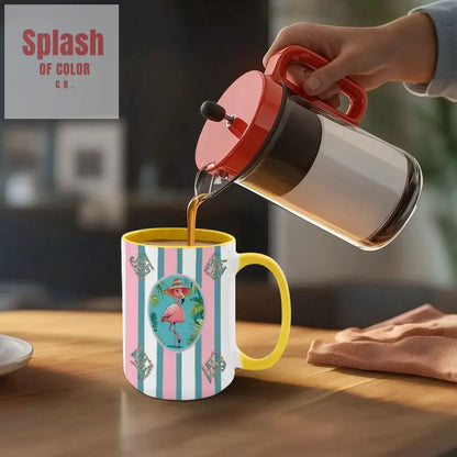 Mahjong Mug Gift Tropical Flamingo Pink Teal Preppy Striped Mahj Mug Gift Drinkware