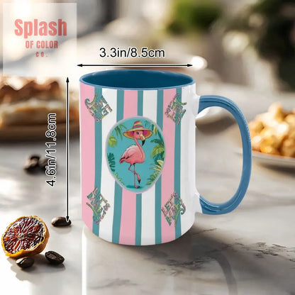 Mahjong Mug Gift Tropical Flamingo Pink Teal Preppy Striped Mahj Mug Gift Drinkware