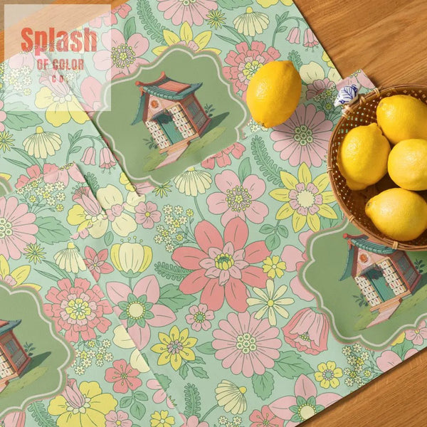 Mahjong Placemat Set Floral Green, Pink Preppy Mahj Table Setting - Splash of Color co.