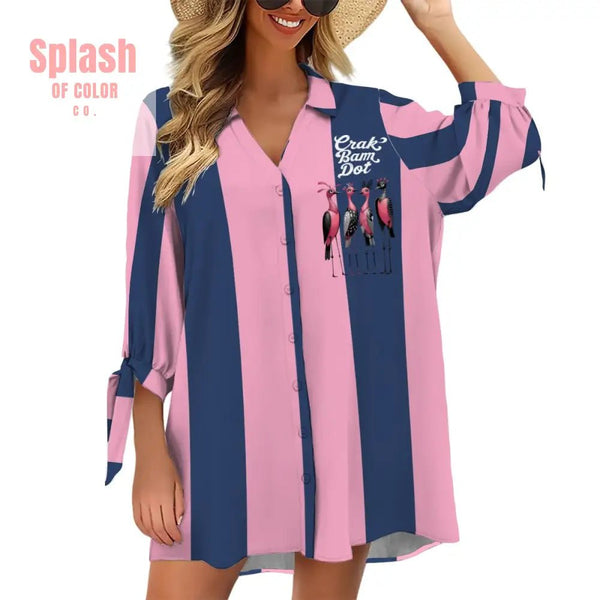 Mahjong Preppy Pink Blue Striped Mahj Game Nigh Women’s Cardigan Shirt Three-Quarter Sleeve - XS - Women’s T-shirts