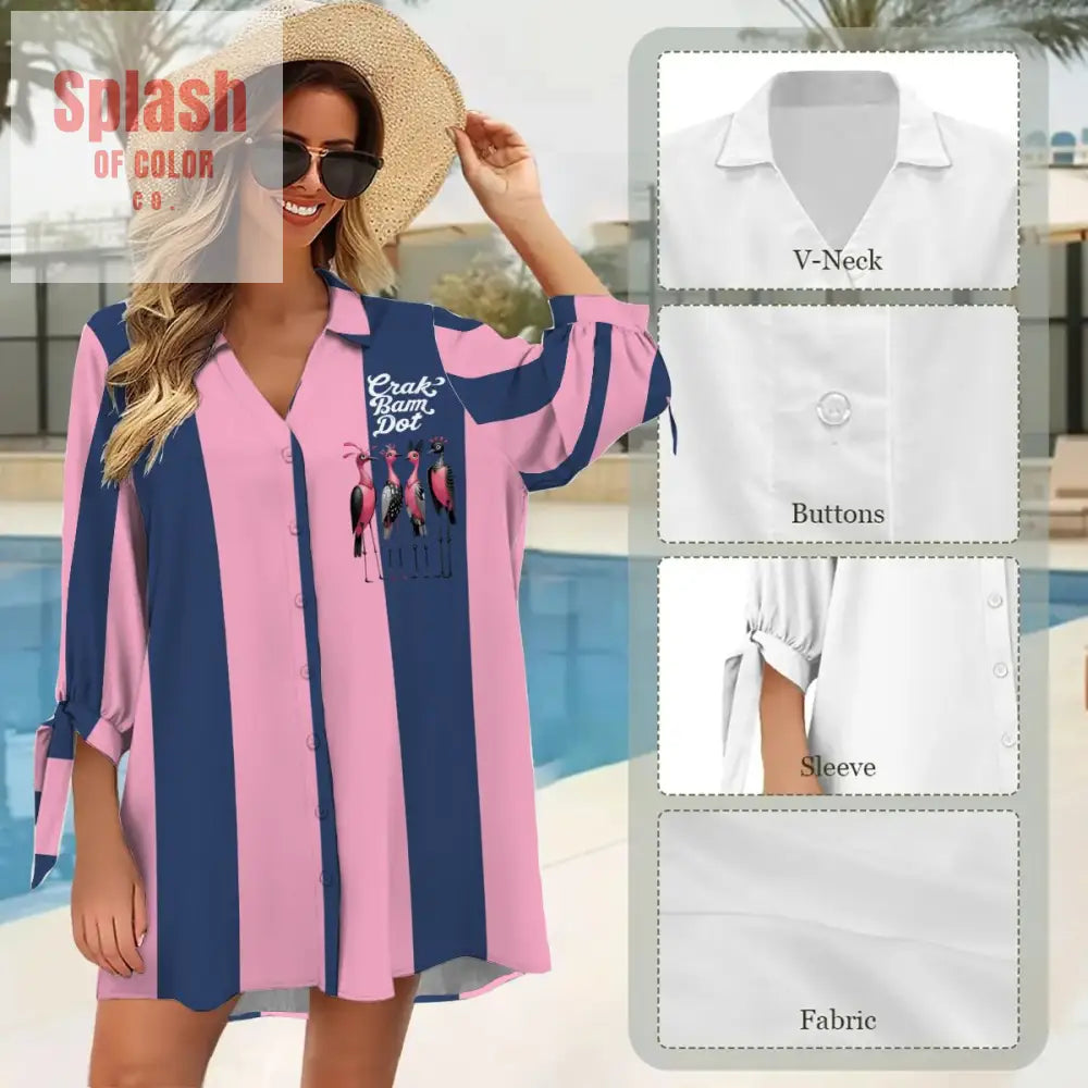 Mahjong Preppy Pink Blue Striped Mahj Game Nigh Women’s Cardigan Shirt Three-Quarter Sleeve - Women’s T-shirts