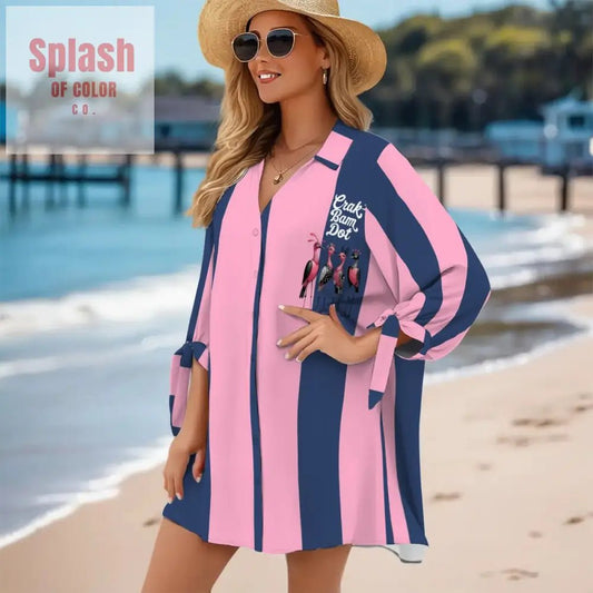 Mahjong Preppy Pink Blue Striped Mahj Game Nigh Women’s Cardigan Shirt Three-Quarter Sleeve - Women’s T-shirts
