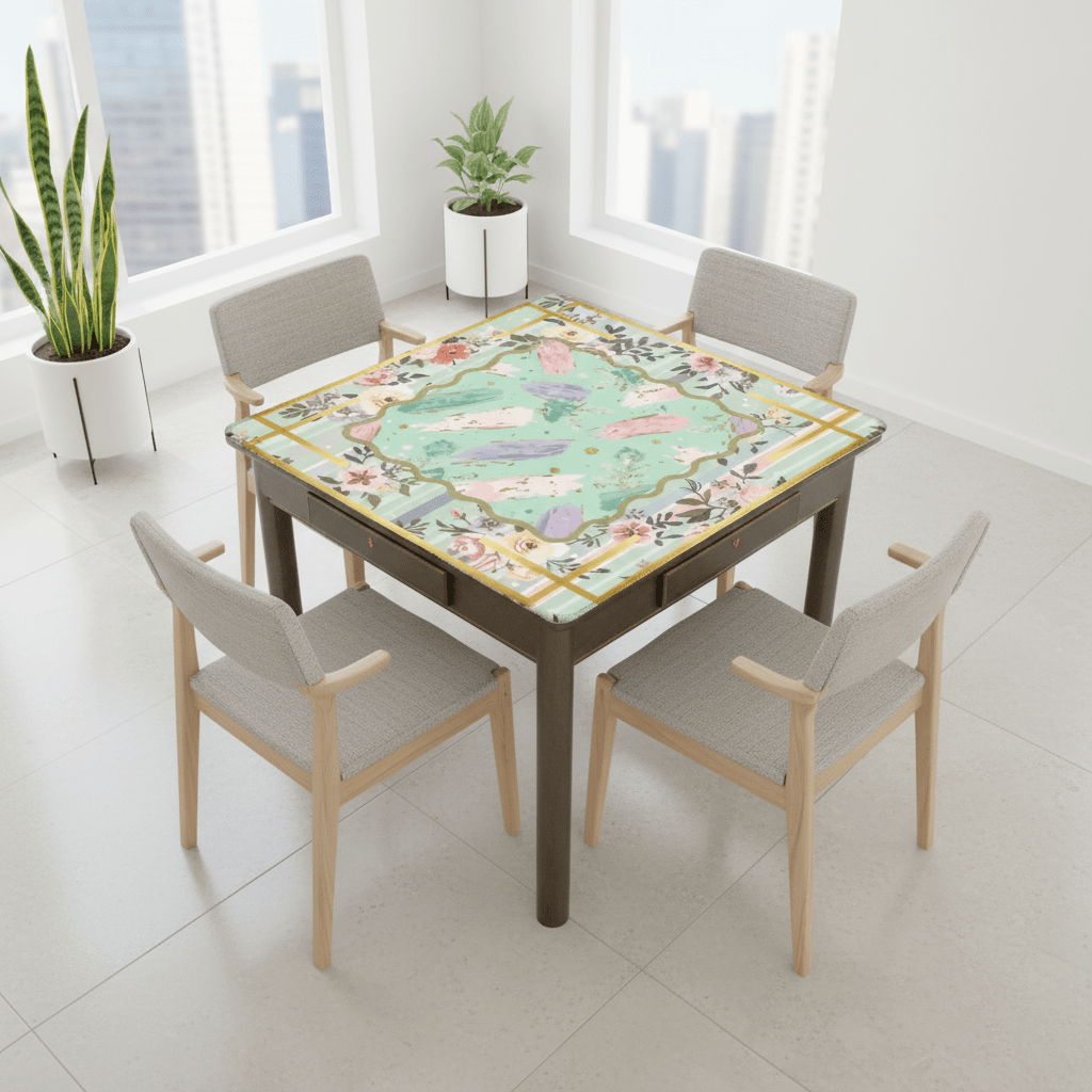 Pastel Preppy Floral, Abstract Watercolor Green, Pink Gold Accented Mahjong Mat - Splash of Color Co.