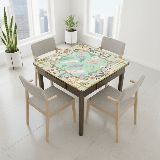 Pastel Preppy Floral, Abstract Watercolor Green, Pink Gold Accented Mahjong Mat - Splash of Color Co.