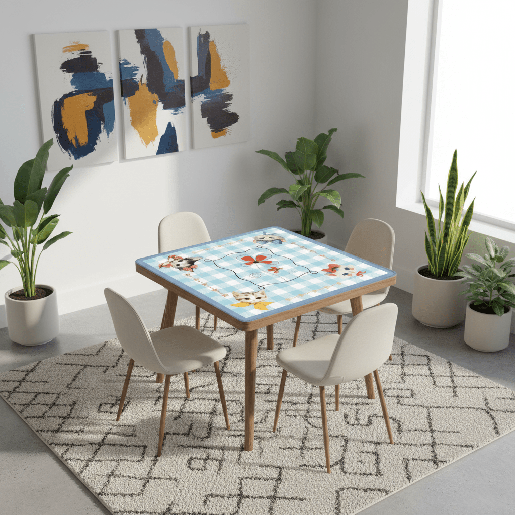 Mahjong Mat Vintage Whimsical Kittens, Blue White Gingham Preppy Check Mahj Mat - Splash of Color Co.