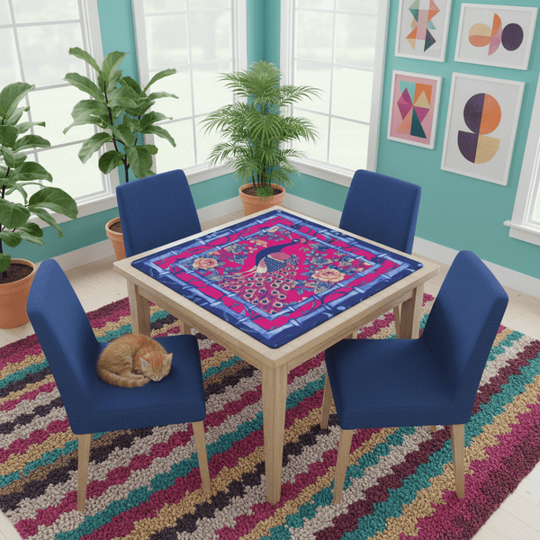 Mahjong Mat, Royal Blue, Fushcia Pink Floral Peacock Mahj Game Mat - Splash of Color Co.