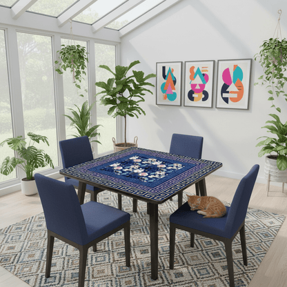 Mahjong Mat Royal Blue Pink Floral Heritage Greek Key Border Preppy Mahj Game Mat - Splash of Color Co.