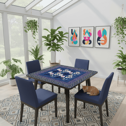 Mahjong Mat Royal Blue Pink Floral Heritage Greek Key Border Preppy Mahj Game Mat - Splash of Color Co.