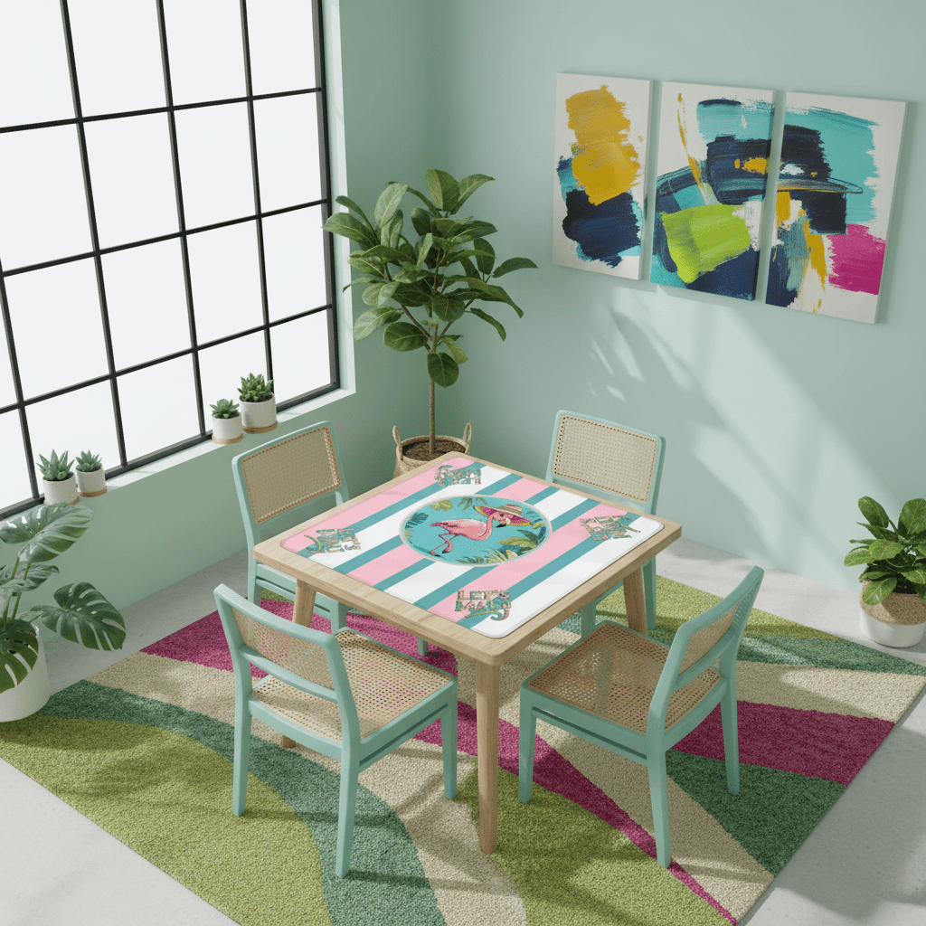 Mahjong Mat Palm Beach Florida Flamingo, Whimsical Pink Teal Striped Let's Mahj Game Mat - Splash of Color Co.