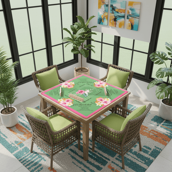 Mahjong Mat With Instructions, Preppy Pink, Green Charleston Tropical Mahjong Game Mat - Splash of Color Co.