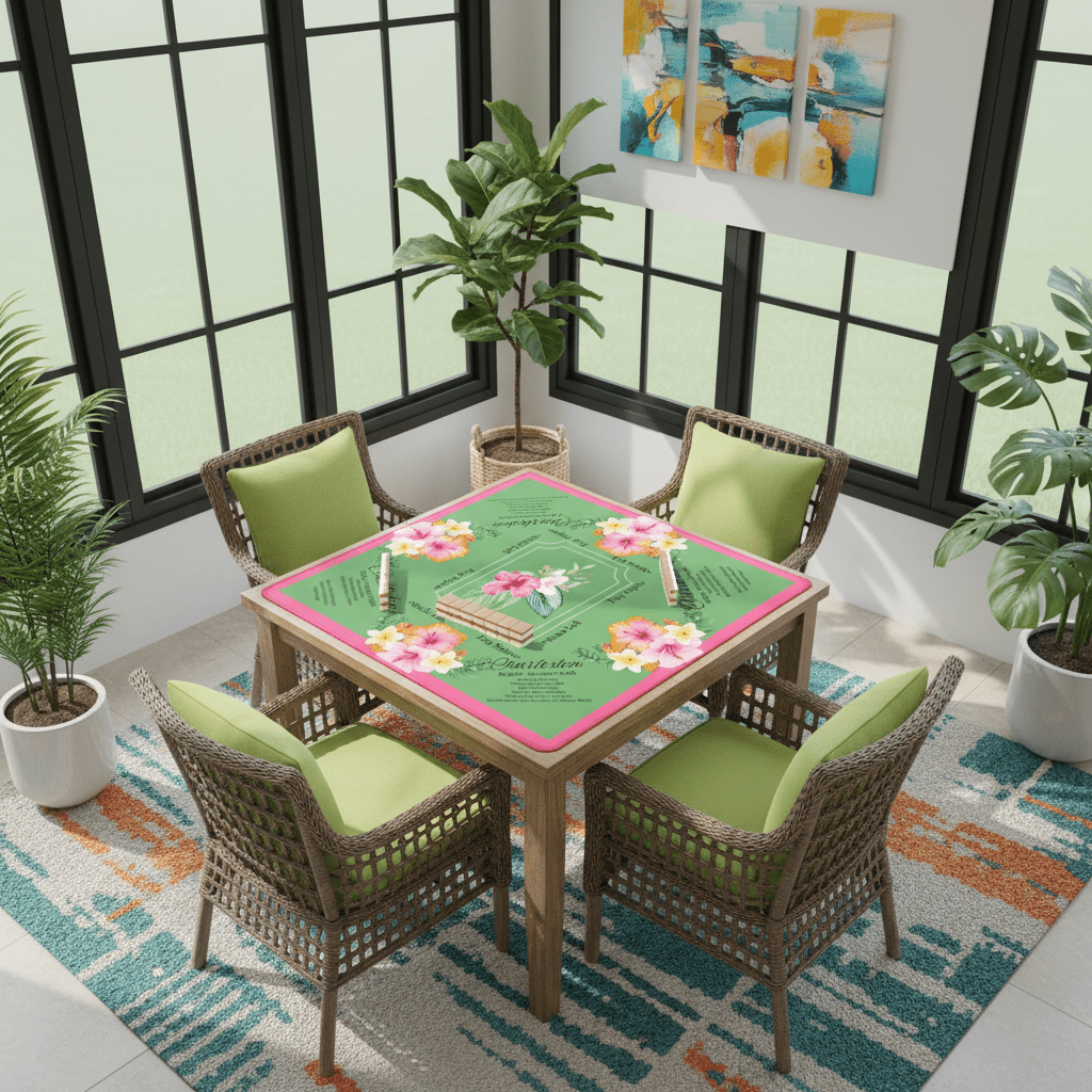 Mahjong Mat With Instructions, Preppy Pink, Green Charleston Tropical Mahjong Game Mat - Splash of Color Co.