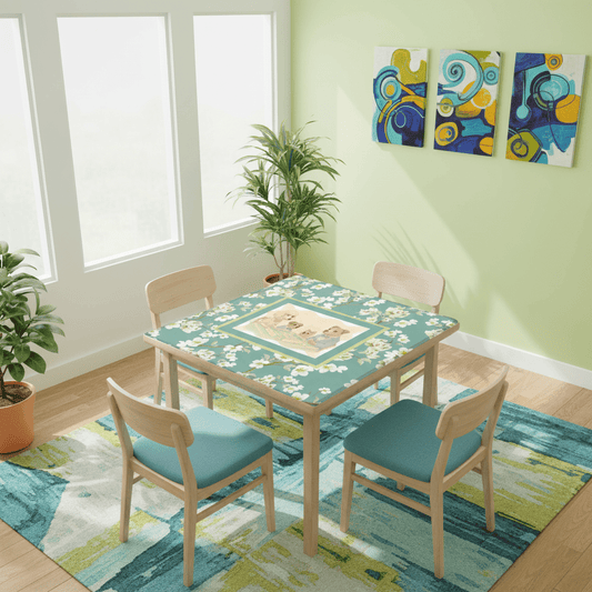 Dogs Playing Mahjong Mat Whimsical Floral Asian Designed Neoprene Mahj Mat - Splash of Color Co.