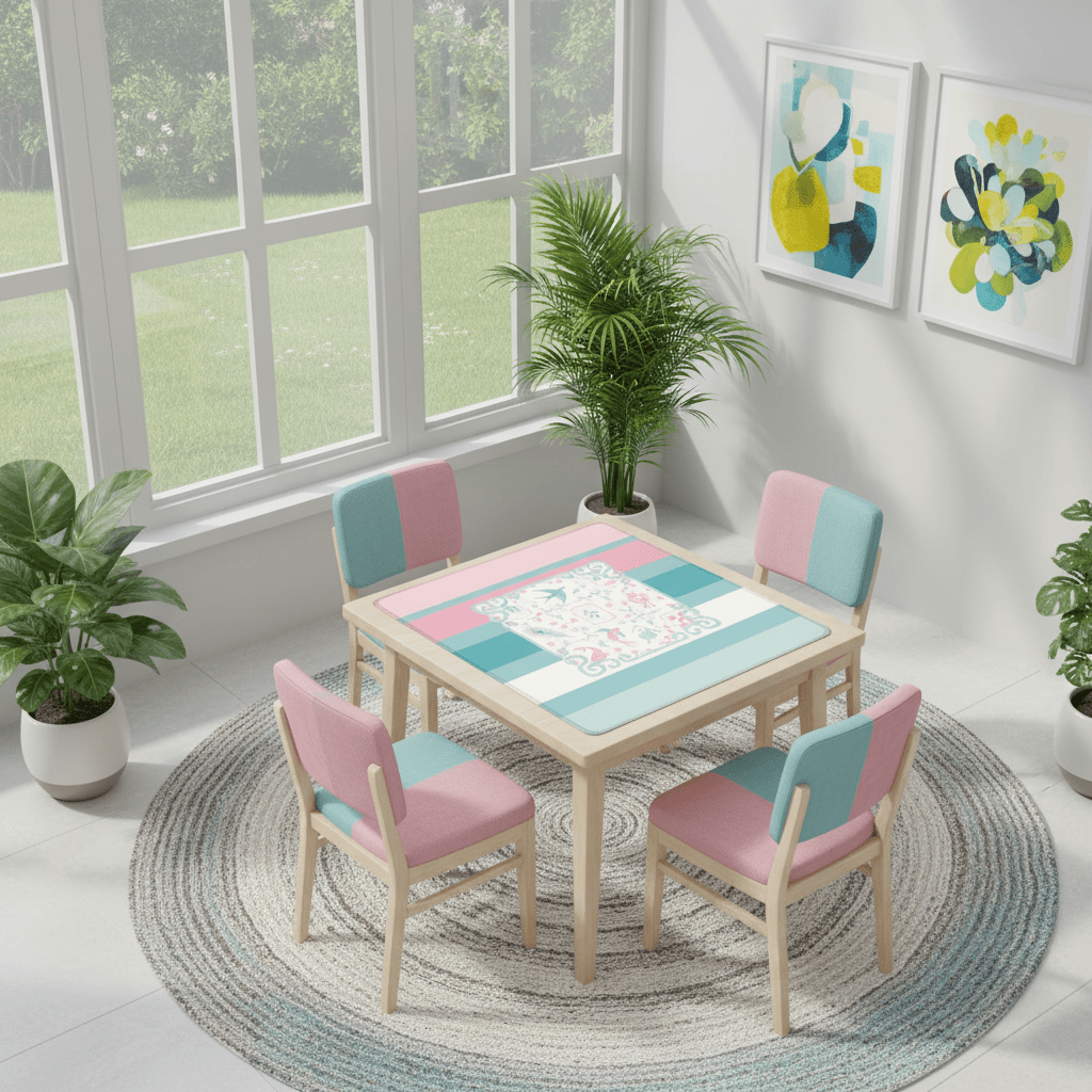 Mahjong Mat Preppy Pink Teal Blue, Watercolor Tile Floral Game Mat - Splash of Color Co.