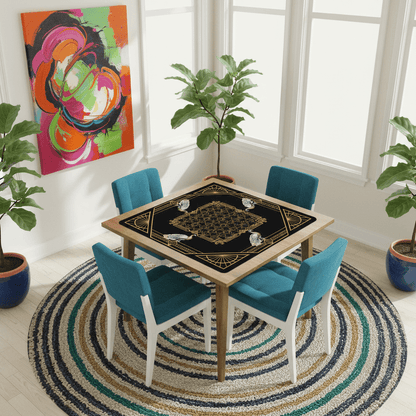 Art Deco Mahjong Mat, Black Gold, Floral Peacock Elegant Mahj Mat - Splash of Color Co.