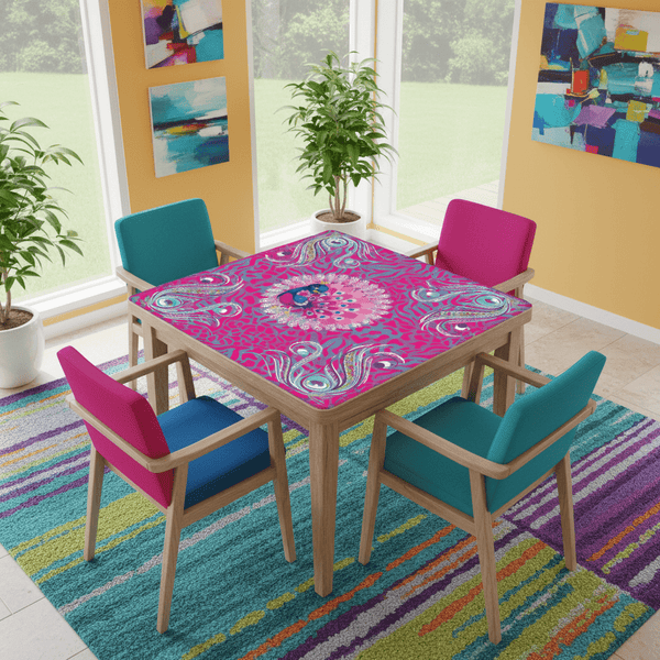 Whimsical Floral Peacock, Tortoise Pink Blue Magical Mahj Mat - Splash of Color Co.