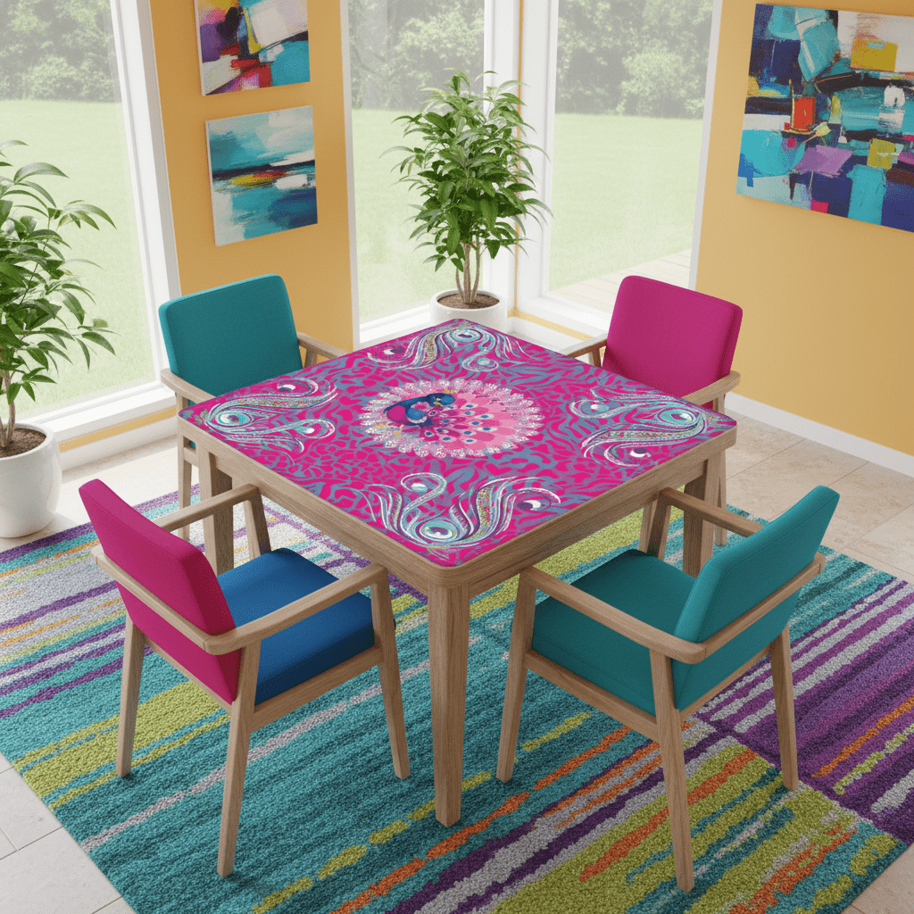 Whimsical Floral Peacock, Tortoise Pink Blue Magical Mahj Mat - Splash of Color Co.