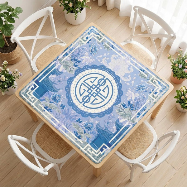 Asian Blue Chinoiserie Mahjong in the Moon Garden Mahjong Mat - Splash of Color Co.