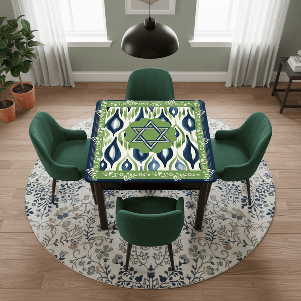 The Star Of David Jewish Watercolor Ikat, Green, Blue Mahjong Mat - Splash of Color Co.