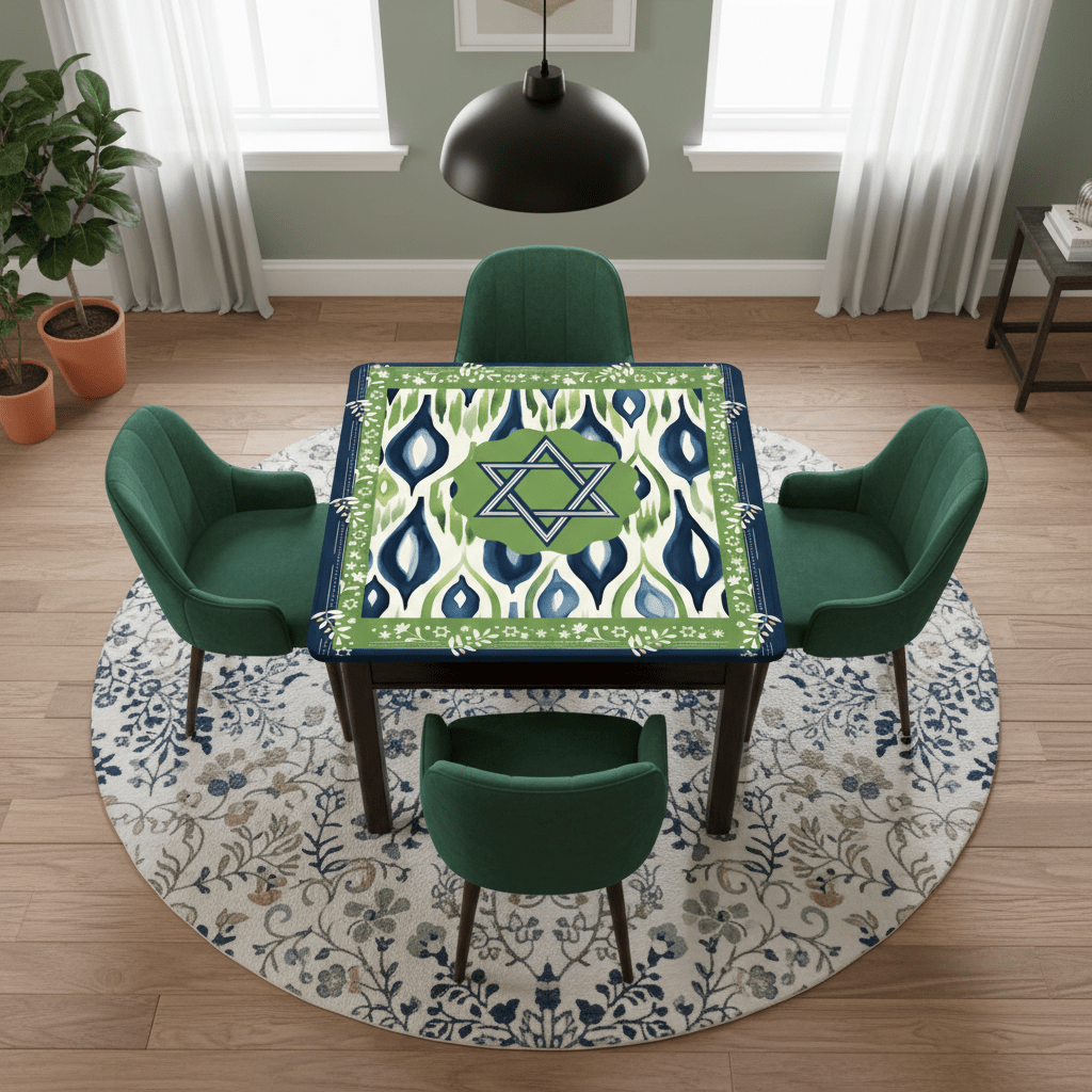 The Star Of David Jewish Watercolor Ikat, Green, Blue Mahjong Mat - Splash of Color Co.