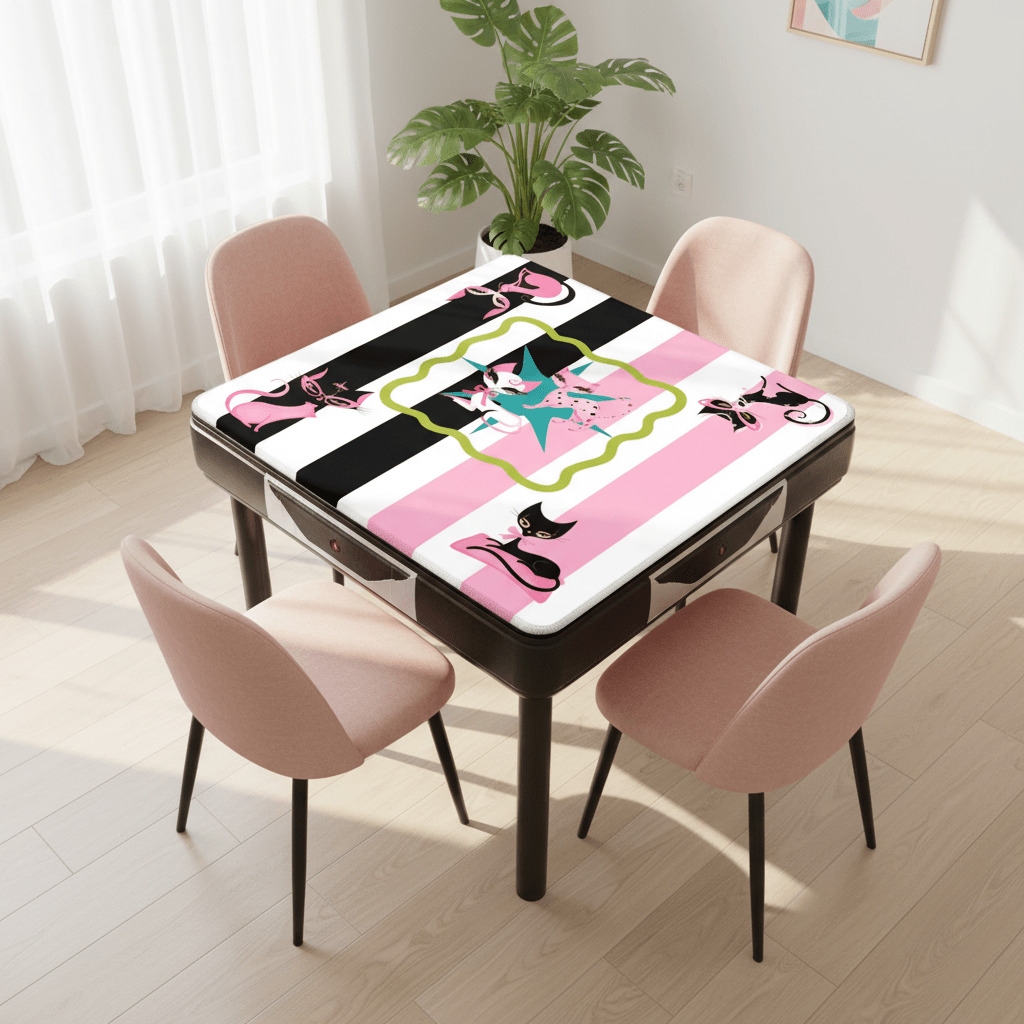 Whimsical Kitty Land, Pink Black Feline Fine Mahjong Mat - Splash of Color Co.