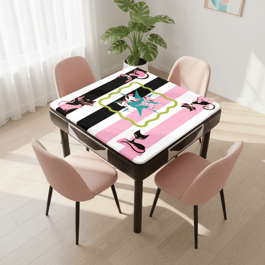 Whimsical Kitty Land, Pink Black Feline Fine Mahjong Mat - Splash of Color Co.