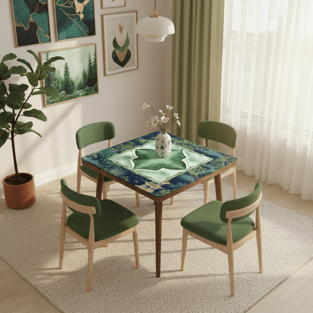 Asian Chinoiserie Tranquil Zen Pagoda Floral Mahjong Mat In Blue And Green - Splash of Color Co.