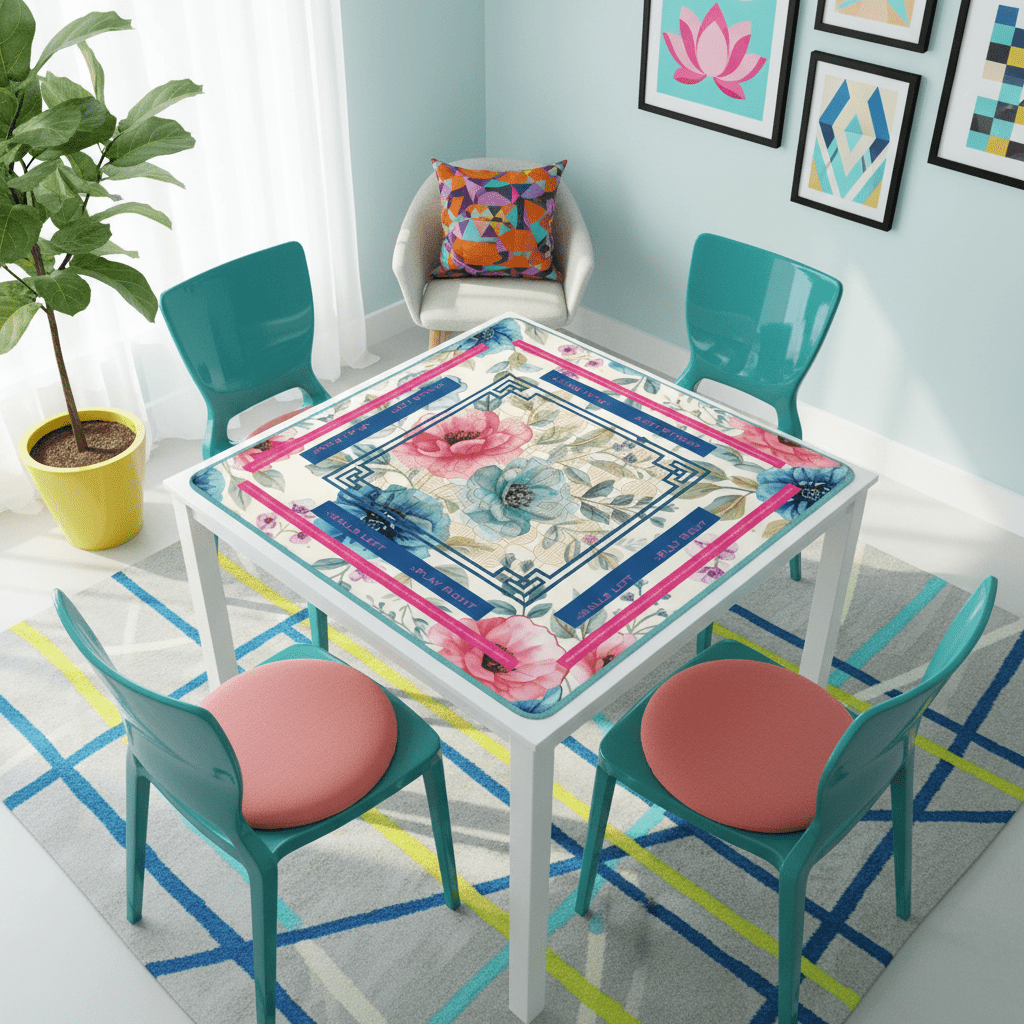 Asian Floral Mahjong Mat, Instructional Pink, Aqua, Blue Mahj Game Mat - Splash of Color Co.