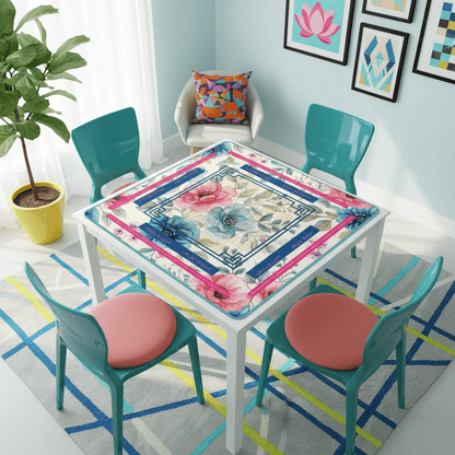 Asian Floral Mahjong Mat, Instructional Pink, Aqua, Blue Mahj Game Mat - Splash of Color Co.