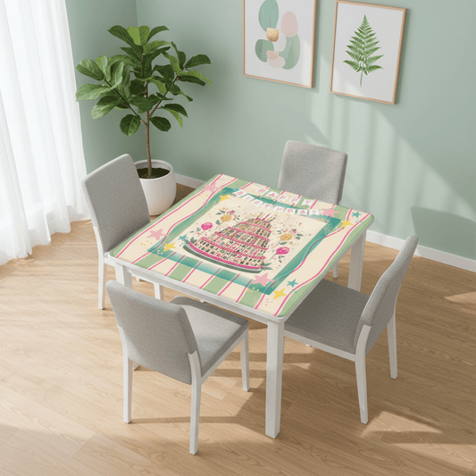 Happy Birthday Mahjong Mat, Tiered Mahjong Cake, Whimsical Pink Green Striped - Splash of Color Co.