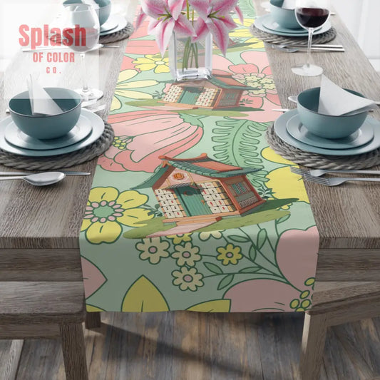Mahjong Table Runner Whimsical Floral Cottage Table Runner Mahjong House Design 16’’ × 72’’ / Polyester Home Decor