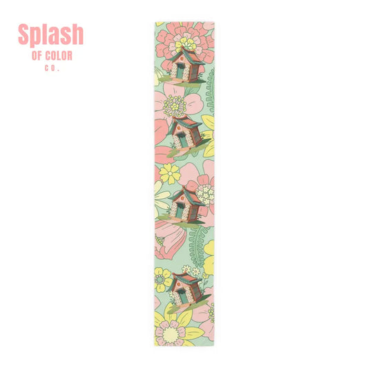 Mahjong Table Runner Whimsical Floral Cottage Table Runner Mahjong House Design 16’’ × 90’’ / Polyester Home Decor