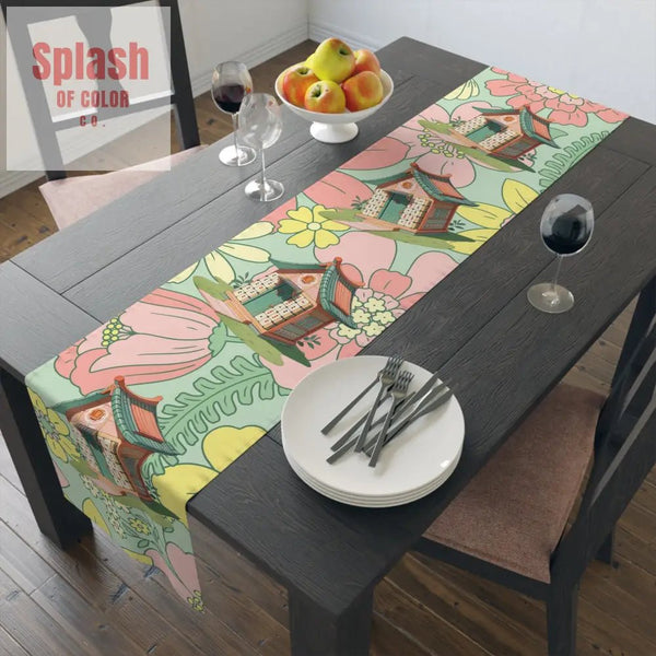 Mahjong Table Runner, Whimsical Floral Cottage Table Runner, Mahjong House Design - Splash of Color co.