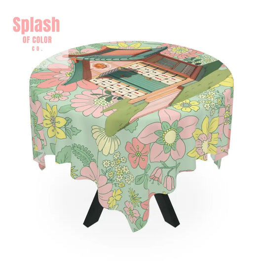 Mahjong Tablecloth Floral Heritage Blooming Cottage Green Pink Mahj Entertaining Tableware One size / White Home Decor