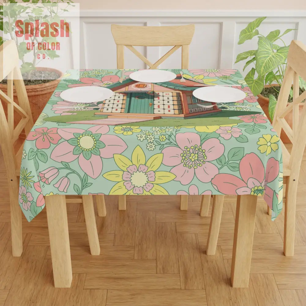 Mahjong Tablecloth Floral Heritage Blooming Cottage Green Pink Mahj Entertaining Tableware One size / White Home Decor