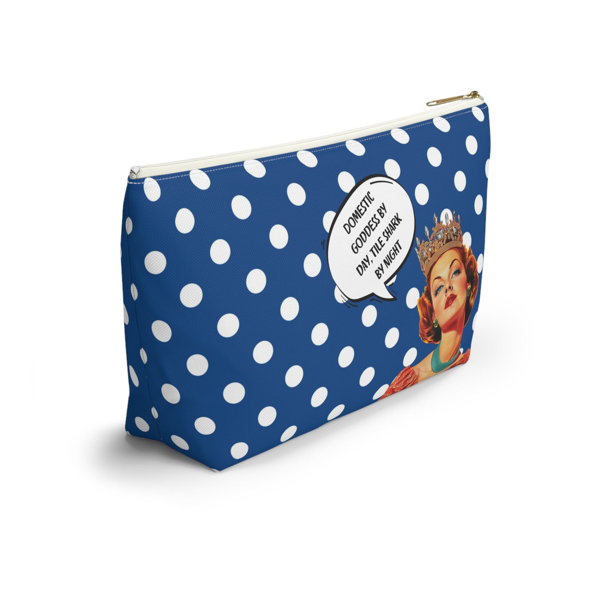 Mahjong Tile Accessory Pouch Blue White Polka Dot T-bottom Bag for Mahj Lover Gifts Funny Quotes Vintage Style Zipper