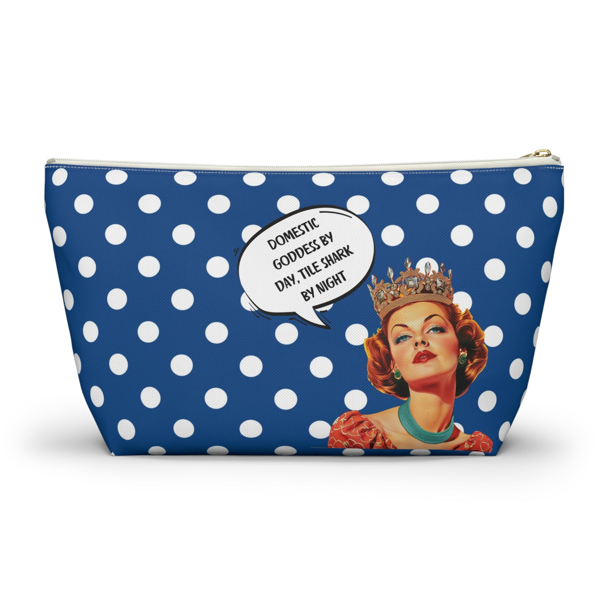 Mahjong Tile Accessory Pouch Blue White Polka Dot T-bottom Bag for Mahj Lover Gifts Funny Quotes Vintage Style Zipper