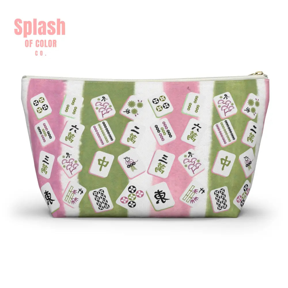 Mahjong Tile Pouch Mahj Lover Gift Cosmetic Bag Pastel Pink Green Striped With Mahjong Tiles Bags