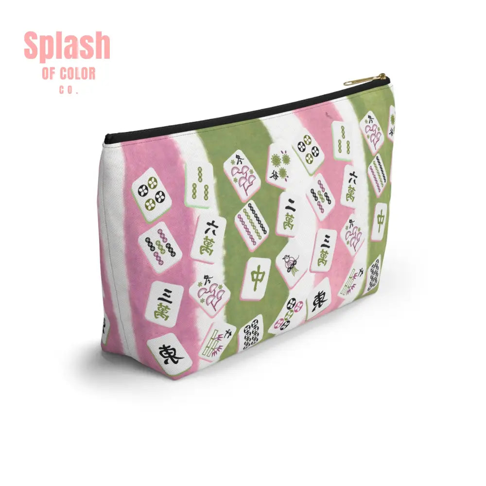 Mahjong Tile Pouch Mahj Lover Gift Cosmetic Bag Pastel Pink Green Striped With Mahjong Tiles Bags