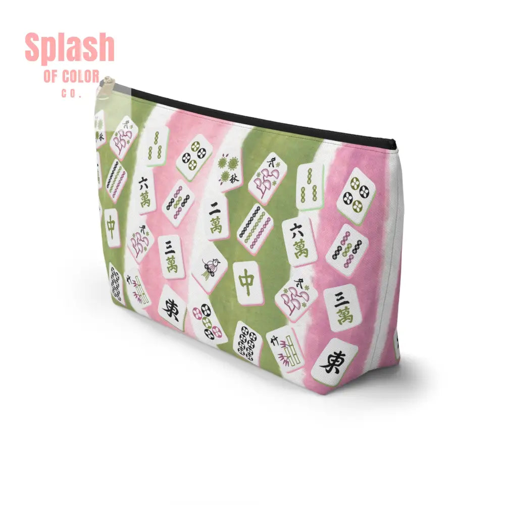 Mahjong Tile Pouch Mahj Lover Gift Cosmetic Bag Pastel Pink Green Striped With Mahjong Tiles Bags