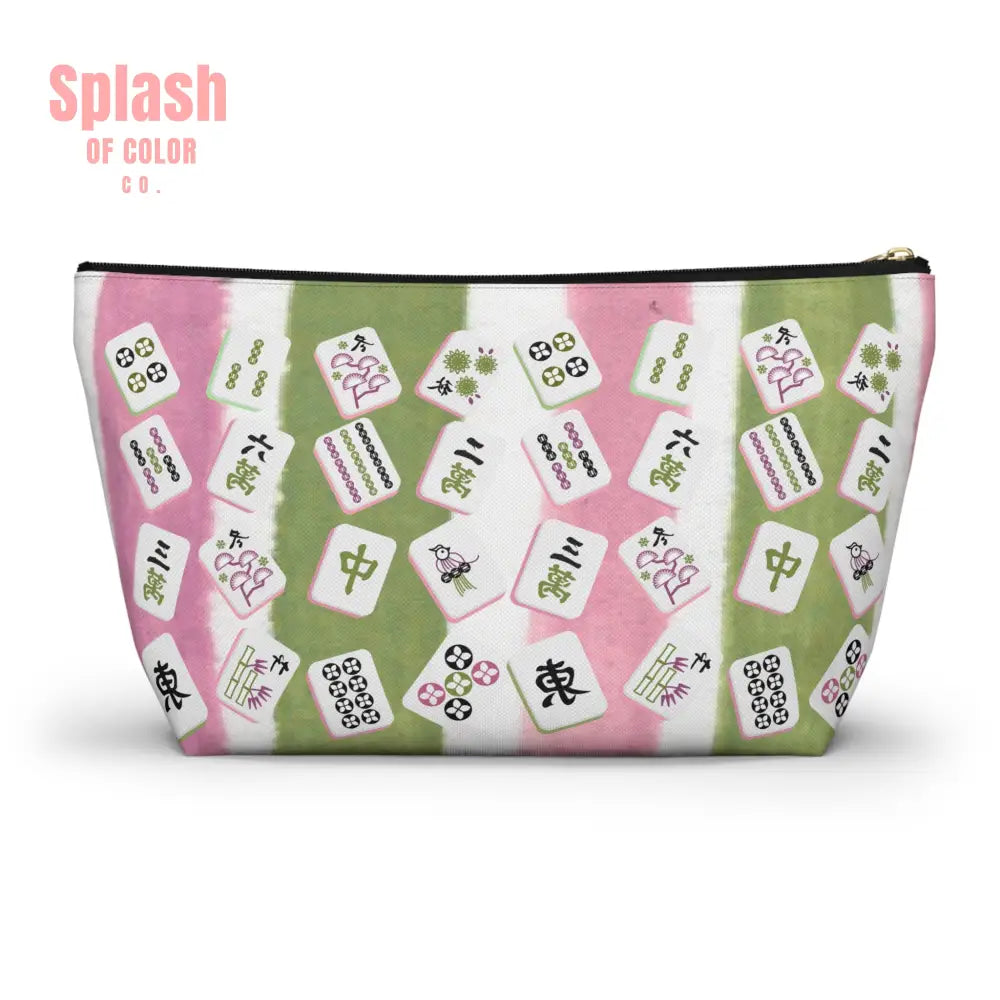 Mahjong Tile Pouch Mahj Lover Gift Cosmetic Bag Pastel Pink Green Striped With Mahjong Tiles Bags
