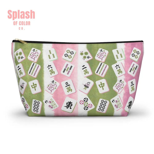 Mahjong Tile Pouch Mahj Lover Gift Cosmetic Bag Pastel Pink Green Striped With Mahjong Tiles Large / Black zipper Bags