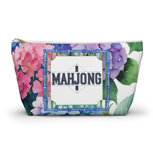 Mahjong Tile Pouch Pretty Floral Hydrangea Zippered Pouch Mahj Gift - Large / White zipper - Bags