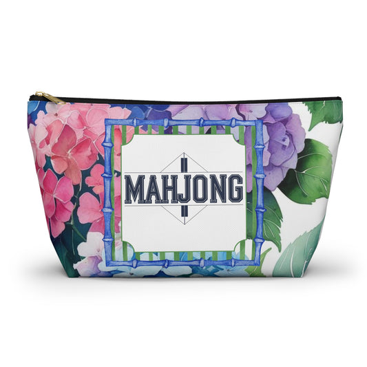 Mahjong Tile Pouch Pretty Floral Hydrangea Zippered Pouch Mahj Gift - Large / Black zipper - Bags