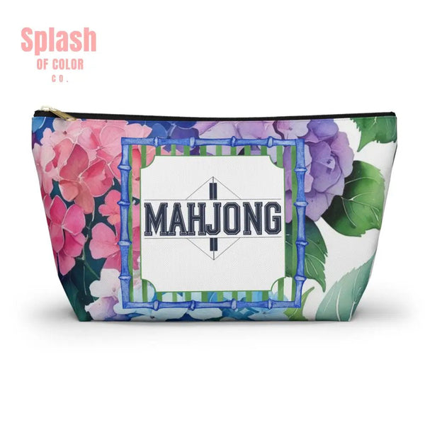 Mahjong Tile Pouch Pretty Floral Hydrangea Zippered Pouch Mahj Gift - Large / Black zipper - Bags