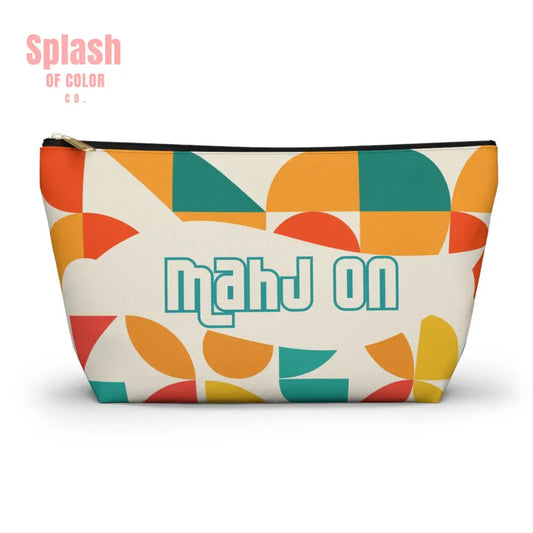 Mahjong Tile Tote Pouch Colorful Geometric Orange Yellow Teal Mahj On Accessory Pouch Large / Black zipper Bags