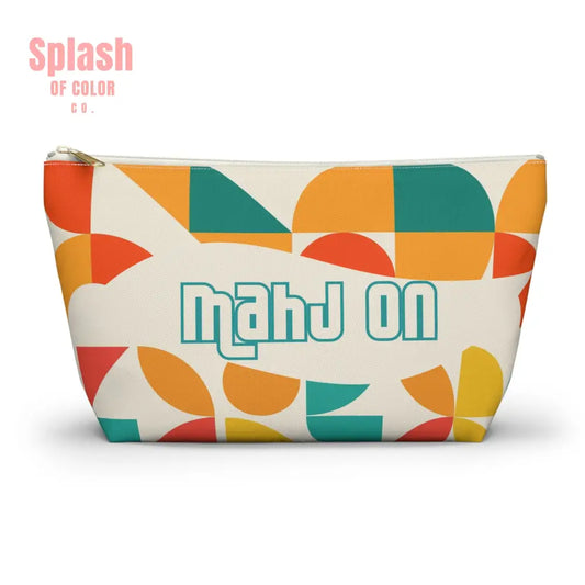 Mahjong Tile Tote Pouch Colorful Geometric Orange Yellow Teal Mahj On Accessory Pouch Large / White zipper Bags